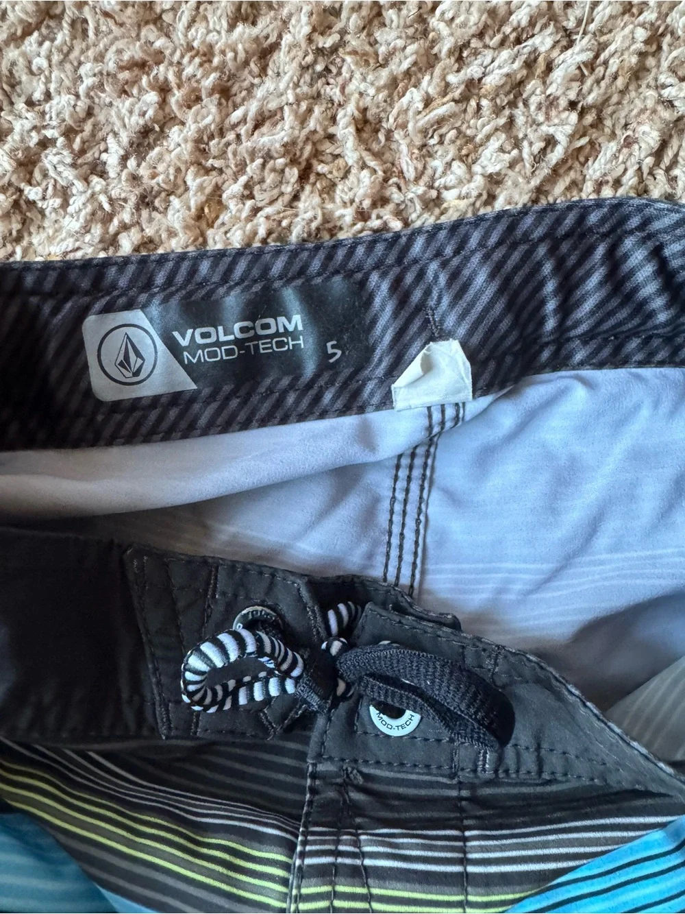Volcom Boys Blue Striped Swim Trunks with Black Waistband